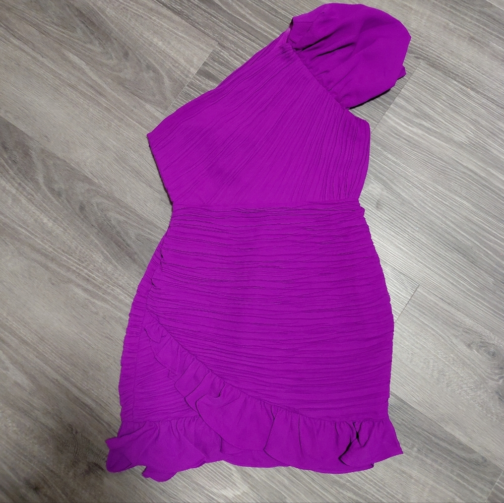 Express One-Shoulder Ruffle Mini Dress in Bright Magenta